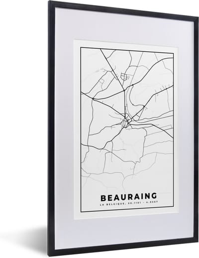 Fotolijst incl. Poster Zwart Wit- België – Beauraing – Stadskaart – Kaart – Zwart Wit – Plattegrond - 40x60 cm - Posterlijst