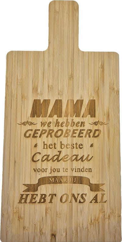 Passie voor stickers Snijplank van Bamboe met gelaserde tekst: Mama we hebben geprobeerd het beste cadeau