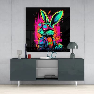 Vierkant Glasschilderij - Rabbit - Kleurrijk - 60x60x0.4 cm