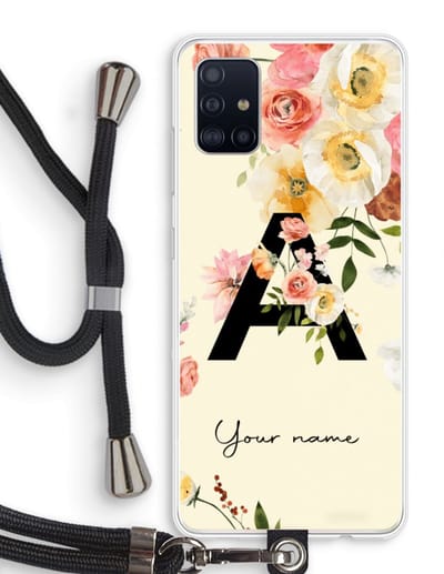 Gepersonaliseerd - Case Company® - Hoesje met koord geschikt voor Samsung Galaxy A51 4G hoesje met Koord - Flirty Flowers Monogram - Telefoonhoesje met Zwart Koord - Bescherming aan alle Kanten en Over de Schermrand