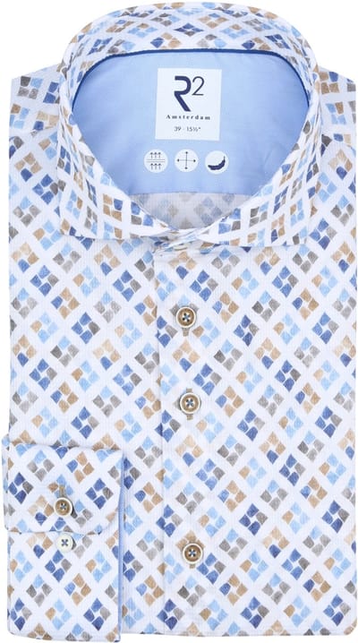 R2 Overhemd Print Blauw Groen - Maat 45 - Heren - Overhemden Casual