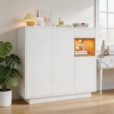 Komhtom - Schoenenkast in wit en naturel hout - Met lade en verstelbare legplanken - Ruimte voor 14–18 paar schoenen - Perfect voor moderne hal