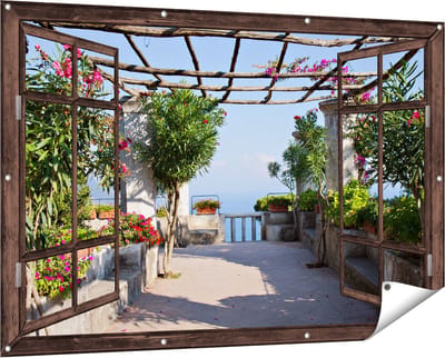 Gards Tuinposter Doorkijk Terras - 150x100 cm - Tuindoek - Tuindecoratie - Wanddecoratie buiten - Tuinschilderij