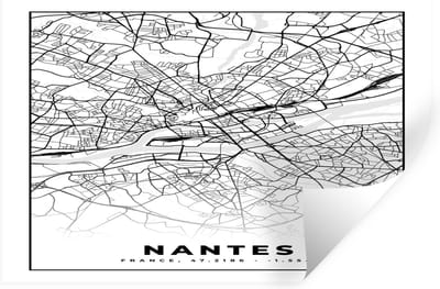 Muurstickers - Sticker Folie - Stadskaart - Plattegrond - Nantes - Kaart - Frankrijk - Zwart wit - 30x20 cm - Plakfolie - Muurstickers Kinderkamer - Zelfklevend Behang - Zelfklevend behangpapier - Stickerfolie