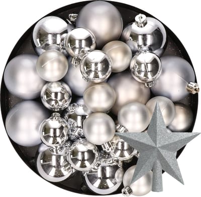 Kerstversiering kunststof kerstballen met piek zilver 6-8-10 cm pakket van 45x stuks - Kerstboomversiering