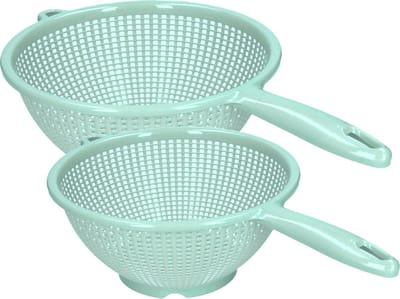 Plasticforte Keuken vergieten/zeef met steel - 2x stuks - kunststof - Dia 22/24 cm - mintgroen