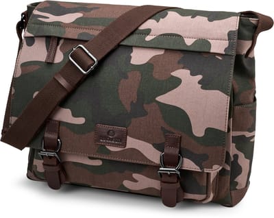 Camouflage schoudertas van canvas en buffelleer met bladpatroon