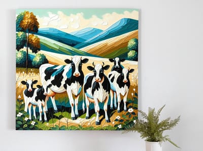 Acryl koeien schilderij | Vrolijke acryl boerderijtafereel met kleurrijke koeien in de hoofdrol | Kunst - 100x100 centimeter op Forex | Foto op Forex