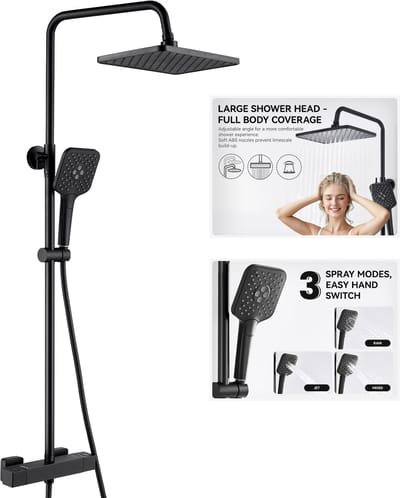 Auralum Max Regendouche met Thermostaatkraan - Compleet Doucheset - 30cm Vierkante Douchekop - 3 stralen Handdouche - Regendoucheset - Verstelbare Hoogte 90-125 cm - Zwart