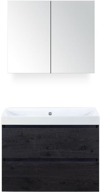 Maxx XL Badmeubelset 80 cm - Black Oak - Wastafel Just Zonder Kraangat met Spiegelkast