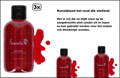 3x Fles kunstbloed hel rood dik stollend 100 ml - Superstar | Halloween | Horror | griezel | festival |themafeest
