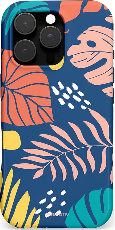 Casetastic hoesje geschikt voor Apple iPhone 16 Pro - MagSafe - Dubbellaagse bescherming - Zwoele avond - Fashion Case - Donkerblauw Perzik Goud Koraal