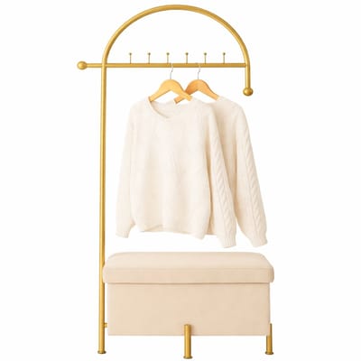 LuxaLiving Kapstok met Zitbank – Goud/Beige – Kledingrek met Opbergmand en Opbergruimte – Garderoberek – 180 x 63 cm