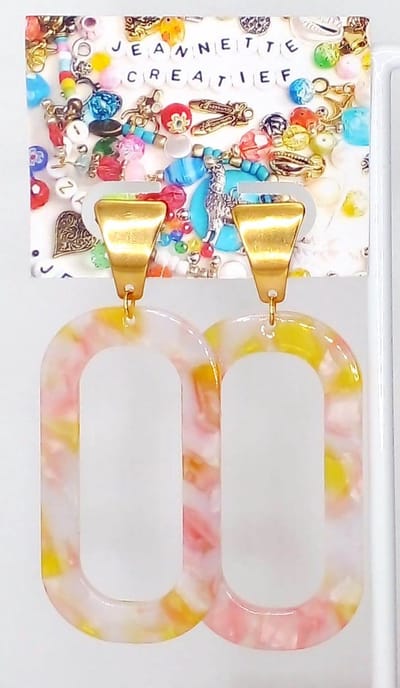 Jeannette-Creatief® - Resin - Ovaal Lang Roze Geel Wit - Oorbellen Dames - Dames Oorbellen - Oorhangers - Oorknoppen RVS Goud - Resin Oorbellen - Valentijn - Lente - Pasen