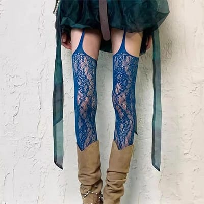Collants résille jacquard vintage pour femmes Y2K Bas à motif floral déchiré avec jarretelles Pantyhose punk gothique irrégulièrement ajouré One Size gray