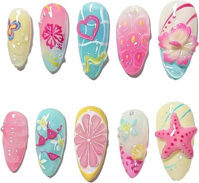 30 Stuks Zomer Druk Nagels met Medium Amandelvorm en 3D Bloemen, Sterrenbeeld Ontwerp, Perfect voor Strand en Feestjes, Handgemaakte Volledige Dekking Acrylnagels