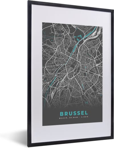 Fotolijst incl. Poster - België – Brussel – Stadskaart – Kaart – Blauw – Plattegrond - 40x60 cm - Posterlijst