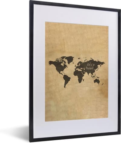 Poster in lijst - Fotolijst 30x40 cm - Posters - Wereldkaart - Vintage - Perkament - Posterlijst zwart - Decoratie - Wanddecoratie woonkamer - Muurdecoratie slaapkamer