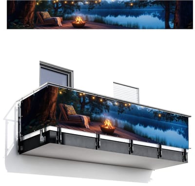 Balkonscherm 500x75 cm - Balkonposter Kampvuur - Meer - Avondlicht - Balkon scherm decoratie - Balkonschermen - Balkondoek zonnescherm