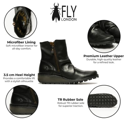 Fly London Dames Zwart MON944 Leren Wedgesleekte Enkellaarsjes Met Ritssluiting Chelsea Laarzen