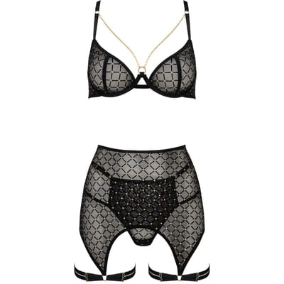 verfijnde 3-delige lingerieset met elegante tule en goudkleurige borduursels