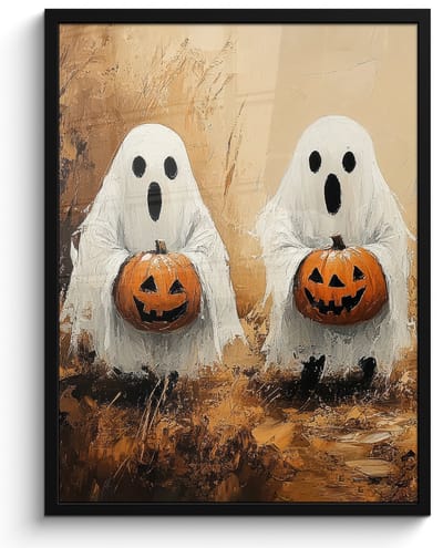 Poster in lijst - Fotolijst 50x70 cm - Posters - Halloween - Pompoen - Spook - Herfst - Posterlijst zwart - Decoratie - Wanddecoratie woonkamer - Muurdecoratie slaapkamer