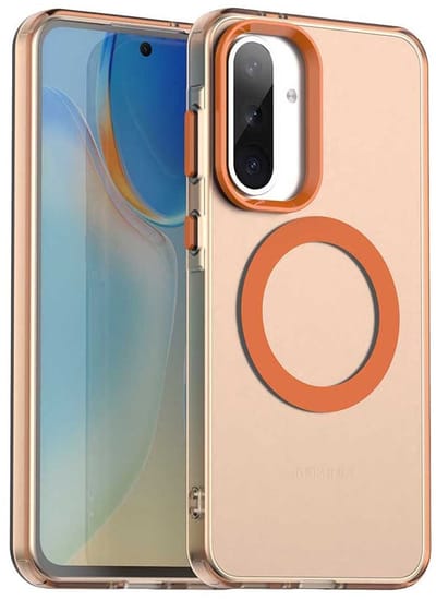 MagSafe Compatibel Backcover Hoesje Geschikt voor Samsung Galaxy A56 / A36 - Oranje & Semi-Transparant Design - Stijlvol & Goede Bescherming