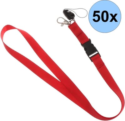 50 Rode Keycords - Keycord - Lanyard - Sleutelkoord - Badgehouder - 51cm - 20mm - Rood - 50 Stuks