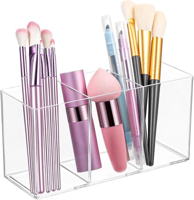 Make-up organizer met 3 vakken voor kwasten, lippenstift en eyeliner - Perfecte cosmetica-oplossing voor kaptafel en badkamer (17,7 × 9 × 6,4 cm)