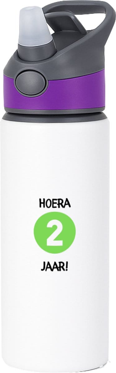 Hacebo® - Hoera 2 jaar waterfles met rietje paars - Verjaardag - Jarigen - Verjaardagscadeau - peuter - Happy birthday - water fles - 650ML