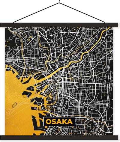 Posterhanger incl. Poster 60x60 cm - Schoolplaat - Goud - Osaka - Stadskaart - Plattegrond - Kaart - Textielposter - Zwarte latten - Stadskaart