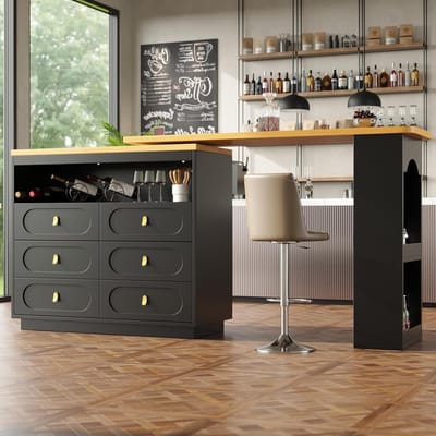 Uittrekbare Bartafel - Statafel Modern - Keuken Woonkamer - 360 Graden Draaibaar - 138-203 cm - Zwart