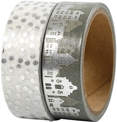Masking Tape, huizen en stippen - folie, B: 15 mm, zilver, 2x4 m/ 1 doos