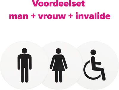 Wc bordjes – Voordeelset van 3 - Man - Vrouw – Genderneutraal - Rond – Wit met Zwart – 10 x 10 cm - Toilet bordje – Deurbord – Zelfklevend