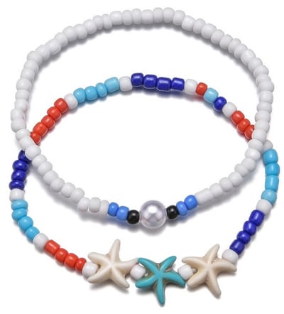 Enkelbandjes - set - elastiek - rood - wit - blauw - parel - zeester - zomer - vakantie - strand - festival - vrouwen