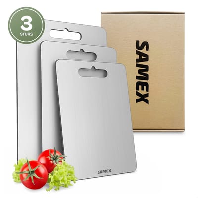 Samex® Snijplankenset - Titanium Gestabiliseerd Roestvrij Staal - 3 Snijplanken - Vaatwasserbestendig - Cutting Board - Chopping Board - Antibacterieel-36x25cm + 29x20cm + 25x15cm