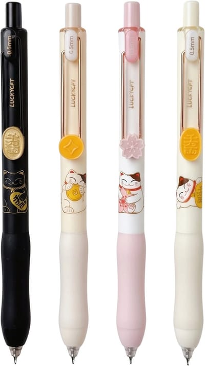 Ainy - Gelukskat Pen - Lucky Cat set van 4 pennen voor etui of pennenzak | Zwart Inkt | Ideale teken balpennen fineliners cadeauset voor kinderen en volwassenen