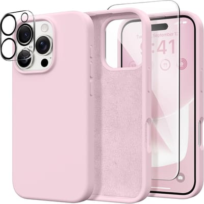 Solid hoesje Soft Touch Liquid Silicone Flexible TPU Rubber + Screenprotector - Camera Lens - Geschikt voor: iPhone 16 Pro - Lichtroze