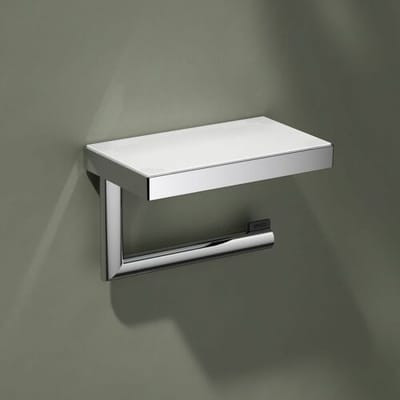 KEUCO Toiletpapierhouder van metaal, hoogglans verchroomd, lijm of boren, plank, anti-slip inzetstuk, wc-rolhouder voor badkamer en gastentoilet, Reva