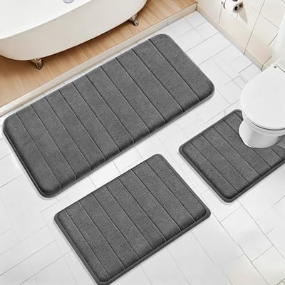 Zachte en Absorberende Badmat Set van 3 - Memory Foam, U-vormige Toiletmat, Antislip en Sneldrogend voor Badkamer en Douche (Diep Grijs)