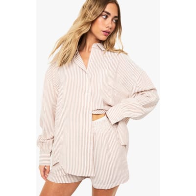 boohoo Dames Shorts met getextureerde streep en contrasterende tailleband | Steen | Maat: 44