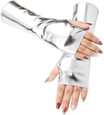 Handschoenen zonder vingers, zilverkleurig, glanzend, van PU-leer, elastische mouwen met halve handpalm, gothic-stijl, punkstijl, om aan te trekken, rok, podium, armwarmers
