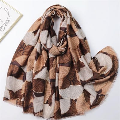 Écharpe Douce Chic en Coton Ginkgo Feuille Florale Paillettes Lurex Hiverale pour Femmes Voyage Décontracté Hijab Musulman Viscose gray