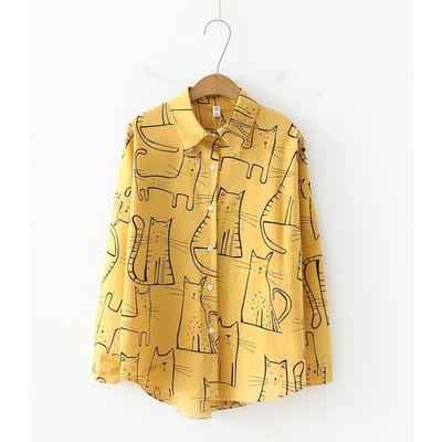 Retro Patroon Blouse Dames Lange Mouw Losse Student Veelzijdige Geprinte Blouse XL gember
