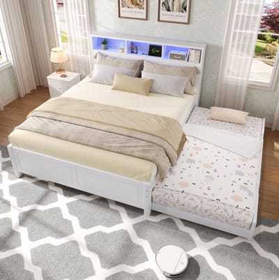 MEUNIQ bedframe 120x200 cm met uitschuifbed 90x190 cm, LED-verlichting, laadpunten en opberghoofdbord, wit, voor slaapkamer of logeerkamer