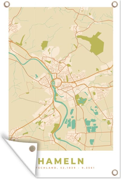 Muurdecoratie Vintage - Kaart - Hameln - Plattegrond - Stadskaart - 120x180 cm - Tuinposter - Tuindoek