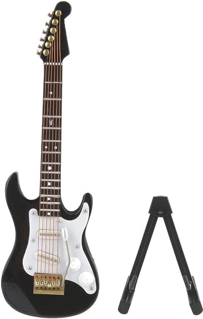 Decoratief Houten Mini Elektrisch Gitaar Model met Standaard - Zwart