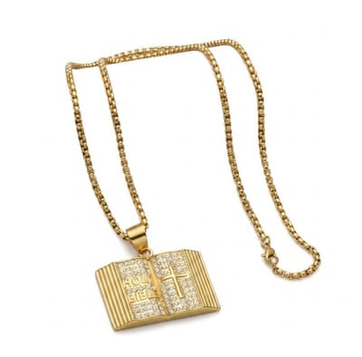 Goudkleurige ketting met bijbel en kruis hanger – ketting voor heren – godsdiensthanger – met strassstenen – opvallend ontwerp