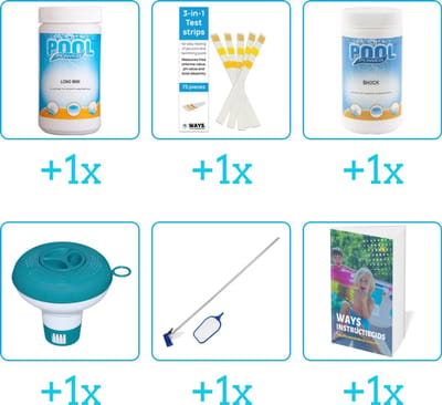 Zwembad Onderhoudspakket - Onderhoud Zwembad - bevat Chloor - Testrips - Chloor - Chloordrijver - Schoonmaakset en Zwembadgids (6-delig)