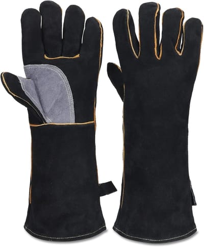 Handschoenen - Hittebestendige Werkhandschoenen - tot 350 graden - Premium Leren Lashandschoenen - met Lange Mouwen - Robuuste Splitleder Ovenhandschoenen - voor Barbecue Kachel Lassen - Duurzaam Sorteersysteem Hittebescherming - Zwart